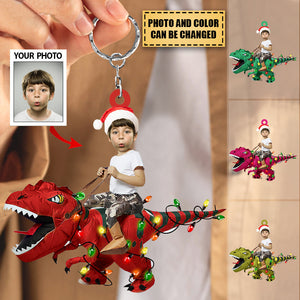 Personalized Cute Kid Rides The Dinosaurus Christmas Light Ornament