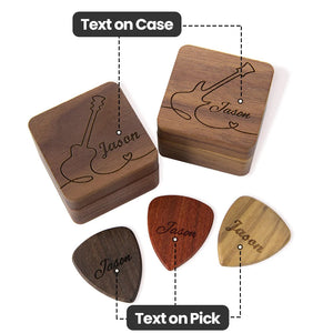 Personalized Wooden Guitar Storage Case and Picks with Engraved Text Gift for Guitar Lover