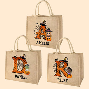 Personalized Cartoon Character Pumpkin Design Trick or Treat Candy Jute Tote Bag with Initial & Name Halloween Party Favors Gift for Kids