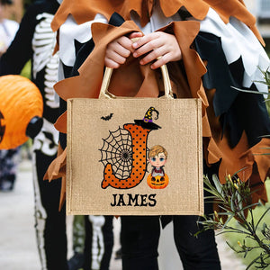 Personalized Cartoon Character Pumpkin Design Trick or Treat Candy Jute Tote Bag with Initial & Name Halloween Party Favors Gift for Kids