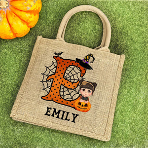 Personalized Cartoon Character Pumpkin Design Trick or Treat Candy Jute Tote Bag with Initial & Name Halloween Party Favors Gift for Kids