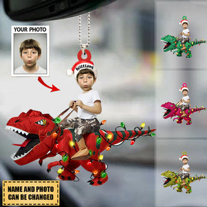 Personalized Cute Kid Rides The Dinosaurus Christmas Light Ornament