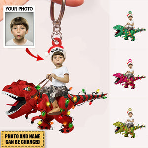 Personalized Cute Kid Rides The Dinosaurus Christmas Light Ornament