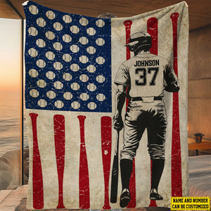 Personalized Baseball Boy American Flag Blanket - Gift For Baseball Lovers