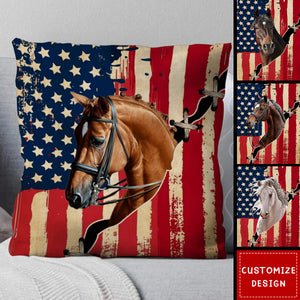 Personalized America Flag Horse Pillow - Gift For Horse Lovers