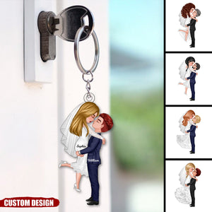 Groom & Bride Hugging Kissing Couple Personalized Keychain, Anniversary Gift For Couple