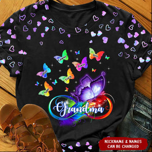 Colorful Butterfly Grandma with Grandkids Personalized 3D T-shirt