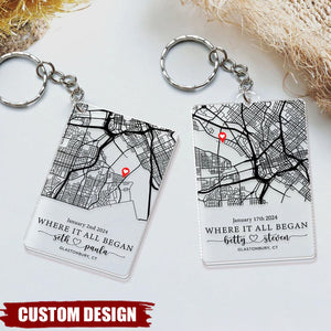 Where It All Began - Personalized Map Couple Keychain, Anniversary Gift For Wife, Husband