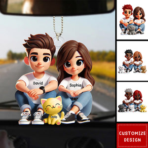 Cute Couple And Dogs Cats Personalized Car Ornament-Gift For Couple