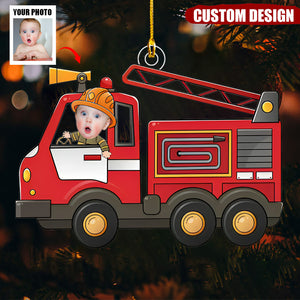 Kid Riding Fire Truck - Personalized Acrylic Photo Ornament