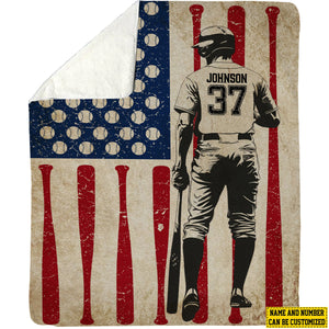 Personalized Baseball Boy American Flag Blanket - Gift For Baseball Lovers