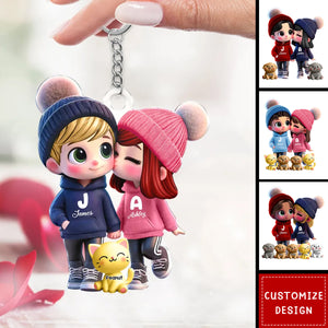 Cute Cartoon Couple You Me And The Dog Cat Personalized Acrylic Keychain-Gift For Couple