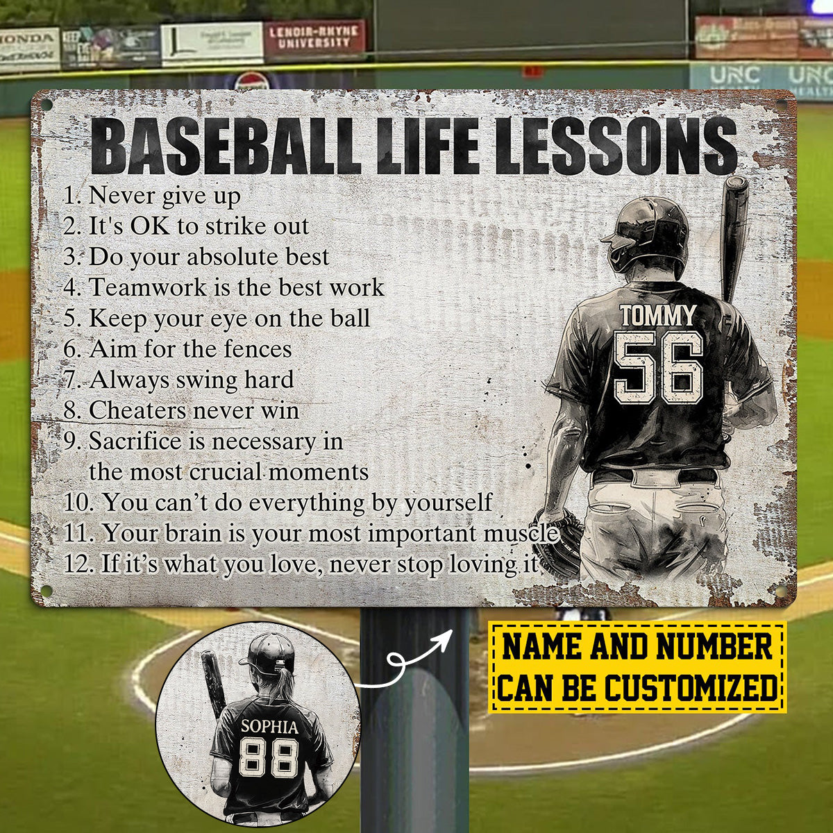 Baseball Life Lessons-Personalized Motivational Baseball Metal Sign-Gift For Baseball Lovers