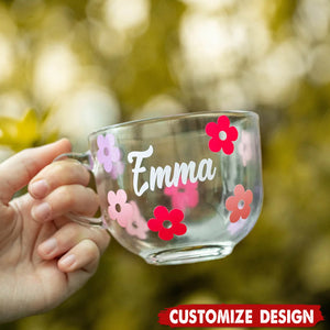 Personalized Flower Glass Coffee Cup Set with Name