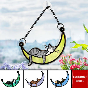 Sleeping Cat / Dog On Moon - Personalized Window Hanging Suncatcher Ornament