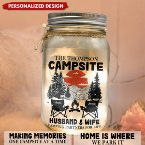 Husband & Wife Camping Partners For Life - Personalized Mason Jar Light