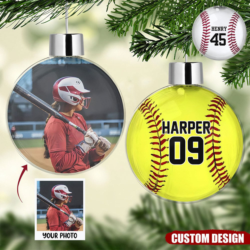 Personalized Softball / Baseball Player Photo Ball Bauble Christmas Ornament