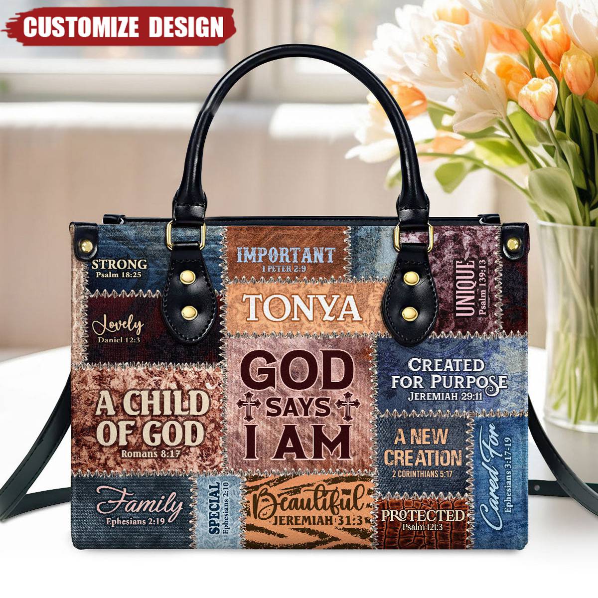 God Says I Am - Personalized Leather Handbag With Zipper