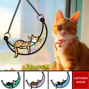 Sleeping Cat / Dog On Moon - Personalized Window Hanging Suncatcher Ornament