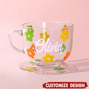 Personalized Flower Glass Coffee Cup Set with Name