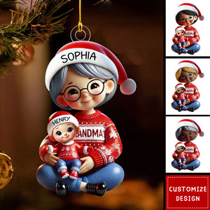 Grandma Grandkids Sitting Crossed Legs Personalized Christmas Ornament-2024 New Release