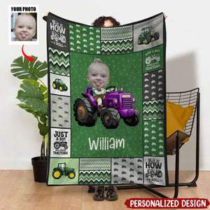 Custom Face Boy Loves Tractors - Personalized Photo Blanket