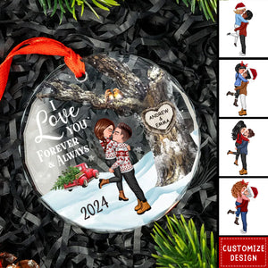 Couple Hugging Kissing Carved Heart Tree Personalized Glass Ornament - 2024 New Release