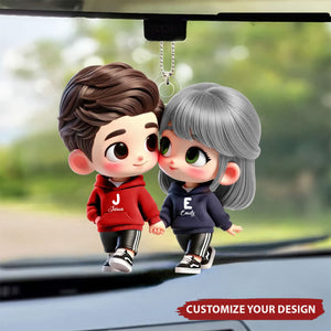 Cute Cartoon Couple Holding Hands Personalized Car Ornament, Anniversary & Valentine's Day Gift