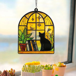 Black Cat And Book Suncatcher Ornament, Gift For Book Lovers