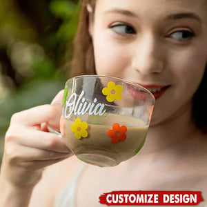 Personalized Flower Glass Coffee Cup Set with Name