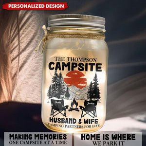 Husband & Wife Camping Partners For Life - Personalized Mason Jar Light