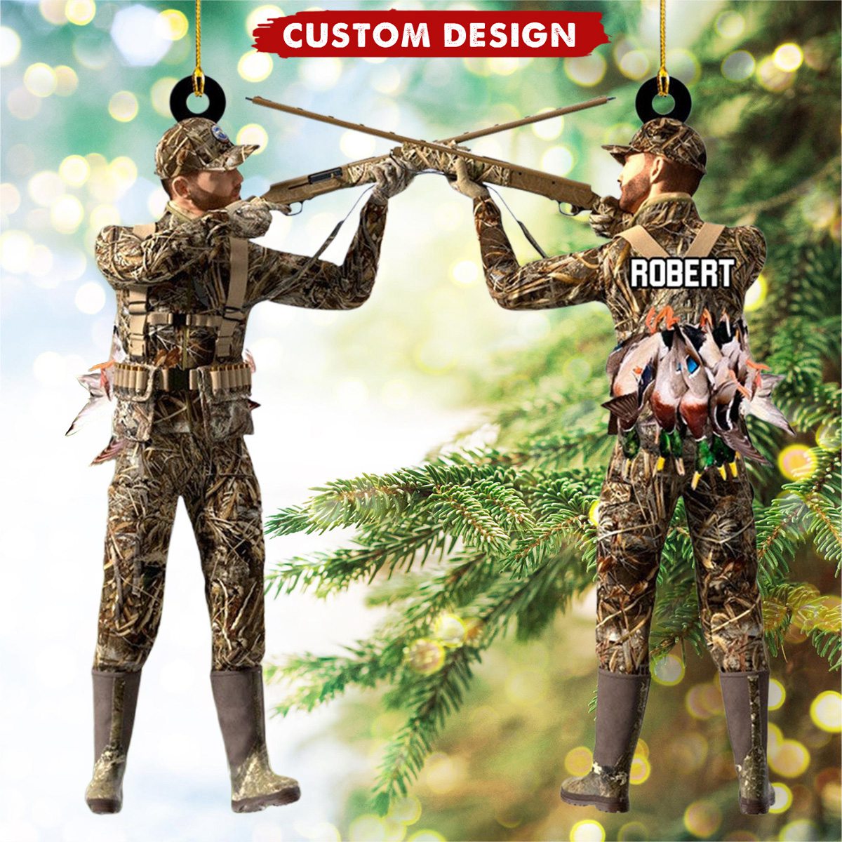 Personalized Aiming Duck Hunter with Gun in Grass Camo Fur Christmas Ornament - Gift For Duck Hunting Lovers-2024 New Release