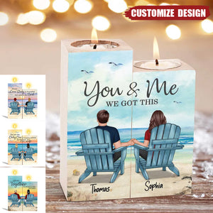 Back View Couple Sitting Beach Landscape Personalized Candle Holder