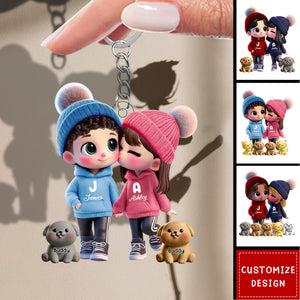 Cute Cartoon Couple You Me And The Dog Cat Personalized Acrylic Keychain-Gift For Couple