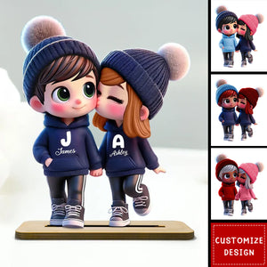 Cute Cartoon Couple Walking Personalized Standing Wooden Plaque-Anniversary Gift For Wife,Husband