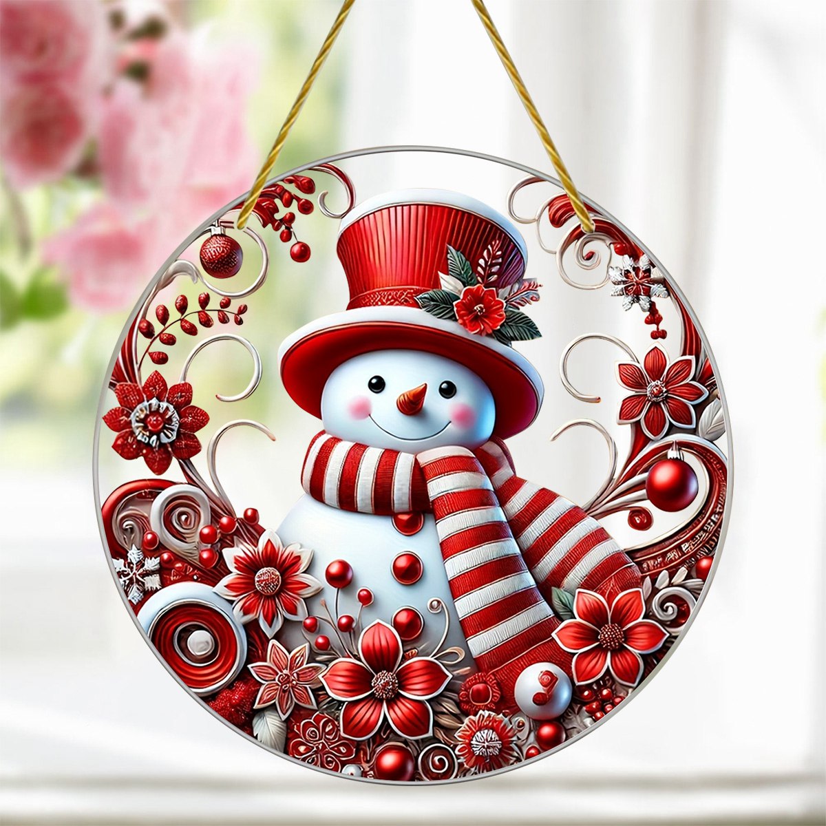 Snowman with Red Hat Personalized Window Hanging Ornament Suncatcher