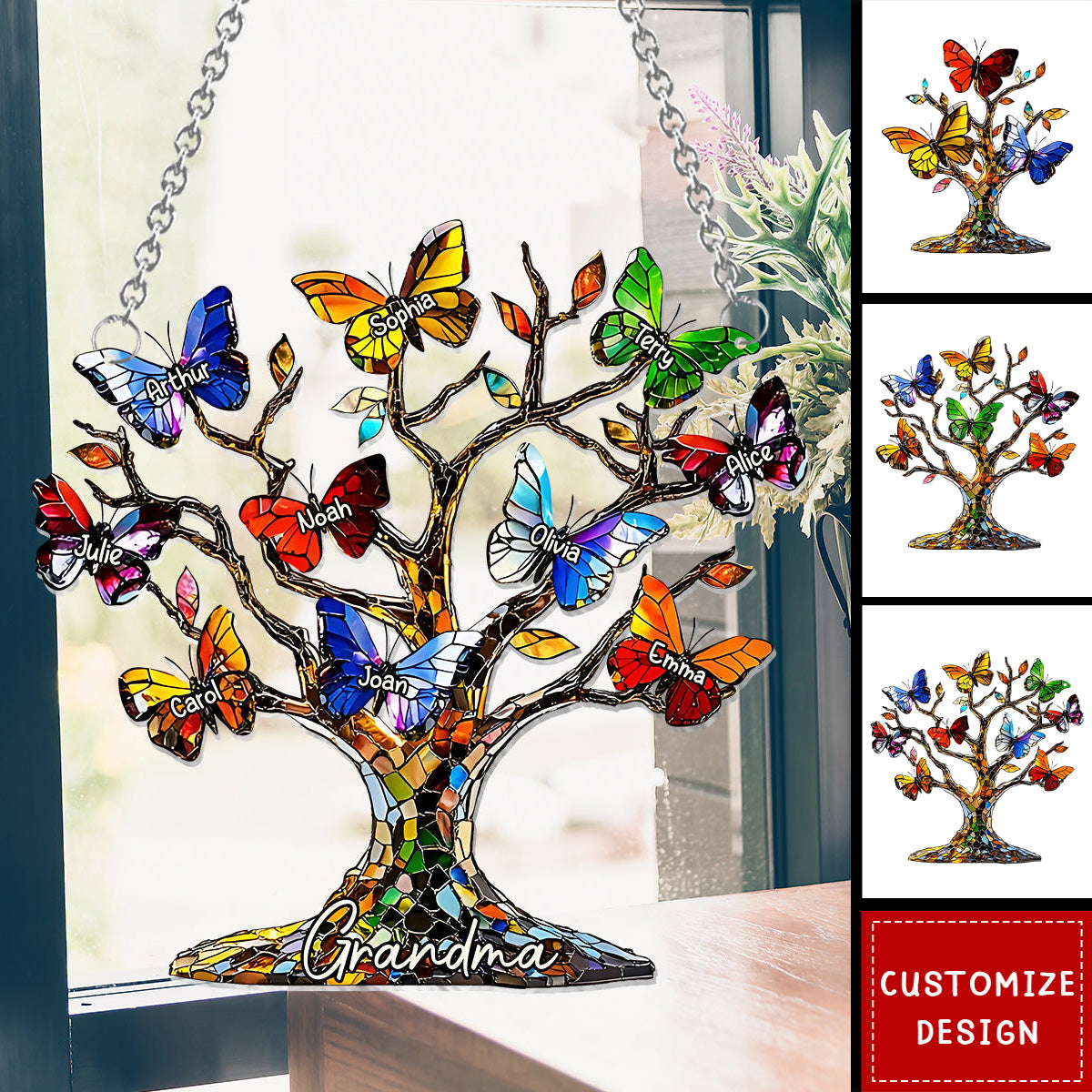 Personalized Grandma Mom Butterfly Tree Window Hanging Suncatcher