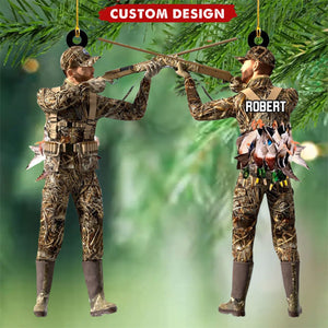 Personalized Aiming Duck Hunter with Gun in Grass Camo Fur Christmas Ornament - Gift For Duck Hunting Lovers-2024 New Release