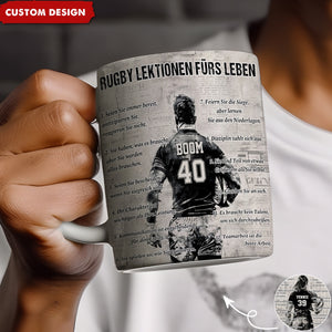 Personalisierte Rugby-Lebenslektionen-Tasse, Geschenk für Rugby-Liebhaber