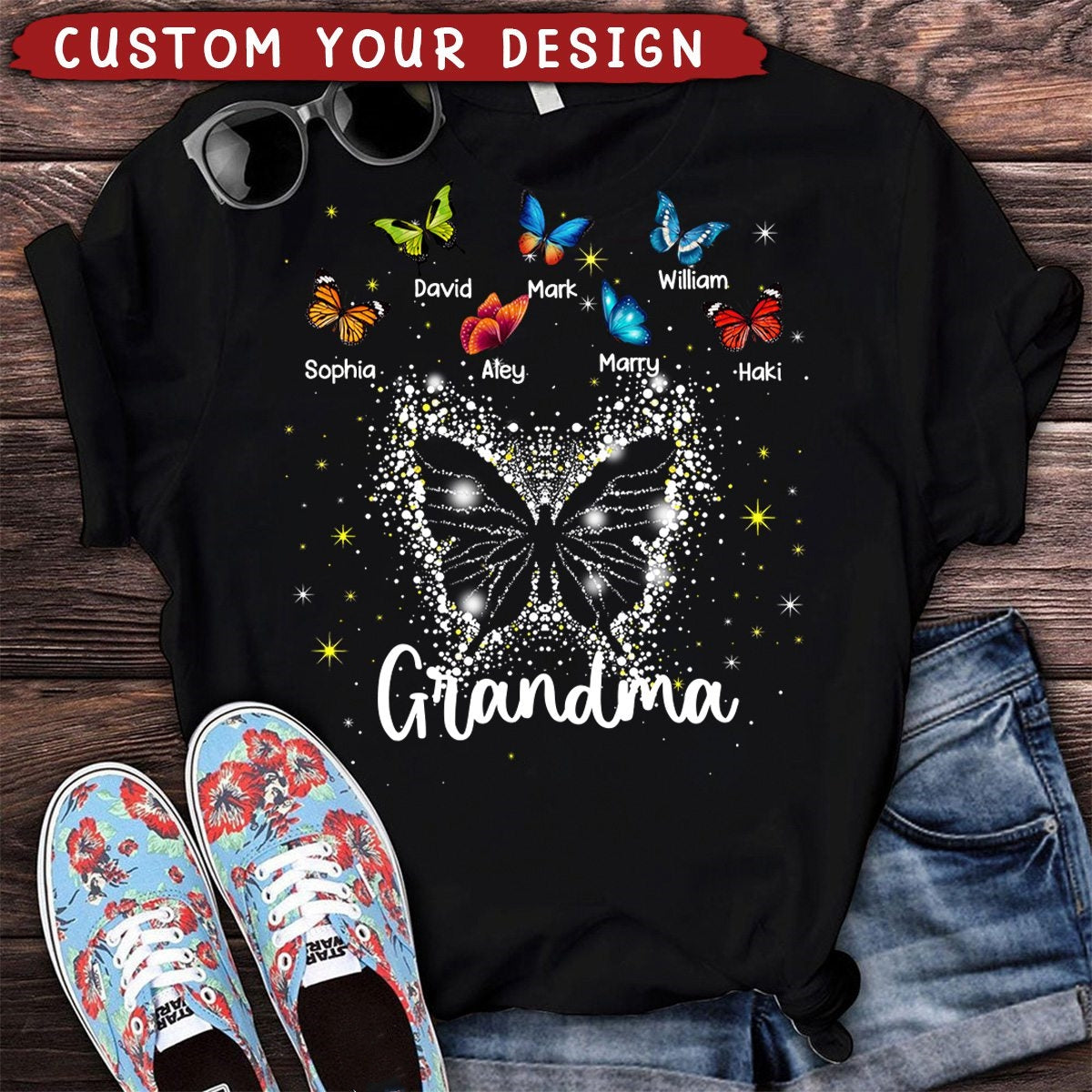 Personalized Grandma Mom Butterfly With Kids Shirt