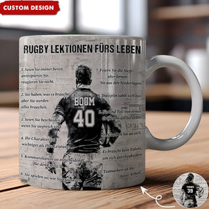 Personalisierte Rugby-Lebenslektionen-Tasse, Geschenk für Rugby-Liebhaber