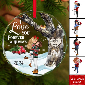 Couple Hugging Kissing Carved Heart Tree Personalized Glass Ornament - 2024 New Release