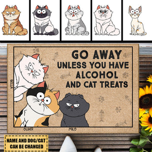 Go Away Unless You Have Alcohol And Cat Treats Funny Cartoon Cat - Gift For Cat Lovers - Personalized Doormat