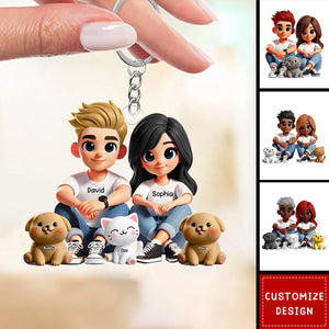 Cute Couple And Dogs Cats Personalized Keychain-Gift For Couple