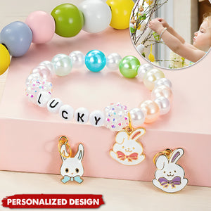 Personalized Cute Bunny Beaded Stretch Name Bracelet-Charm Easter Gift for Kids