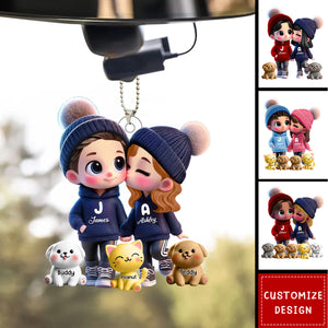 Cute Cartoon Couple You Me And The Dog Cat Personalized Acrylic Car Ornament-Gift For Couple