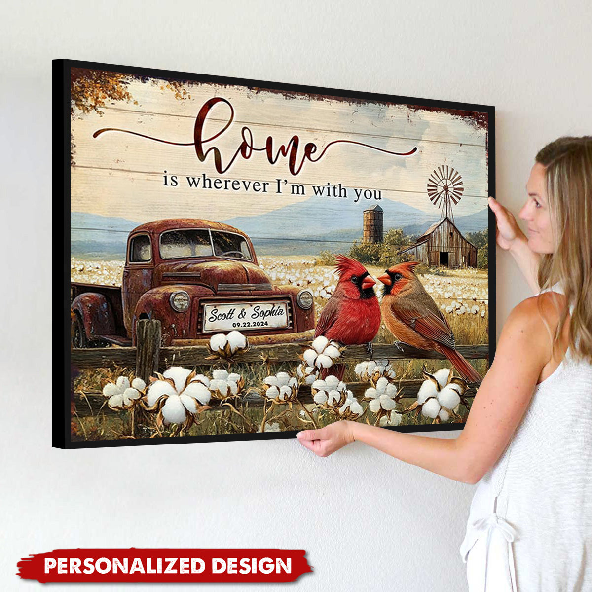 Rustic With Cardinals And Vintage Truck-Personalized Poster-Romantic Gift for Couples