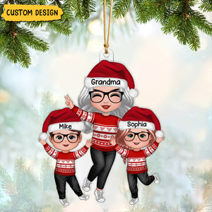 Happy Christmas Doll Grandma With Grandkids Personalized Acrylic Ornament, Gift For Granddaughter Grandson