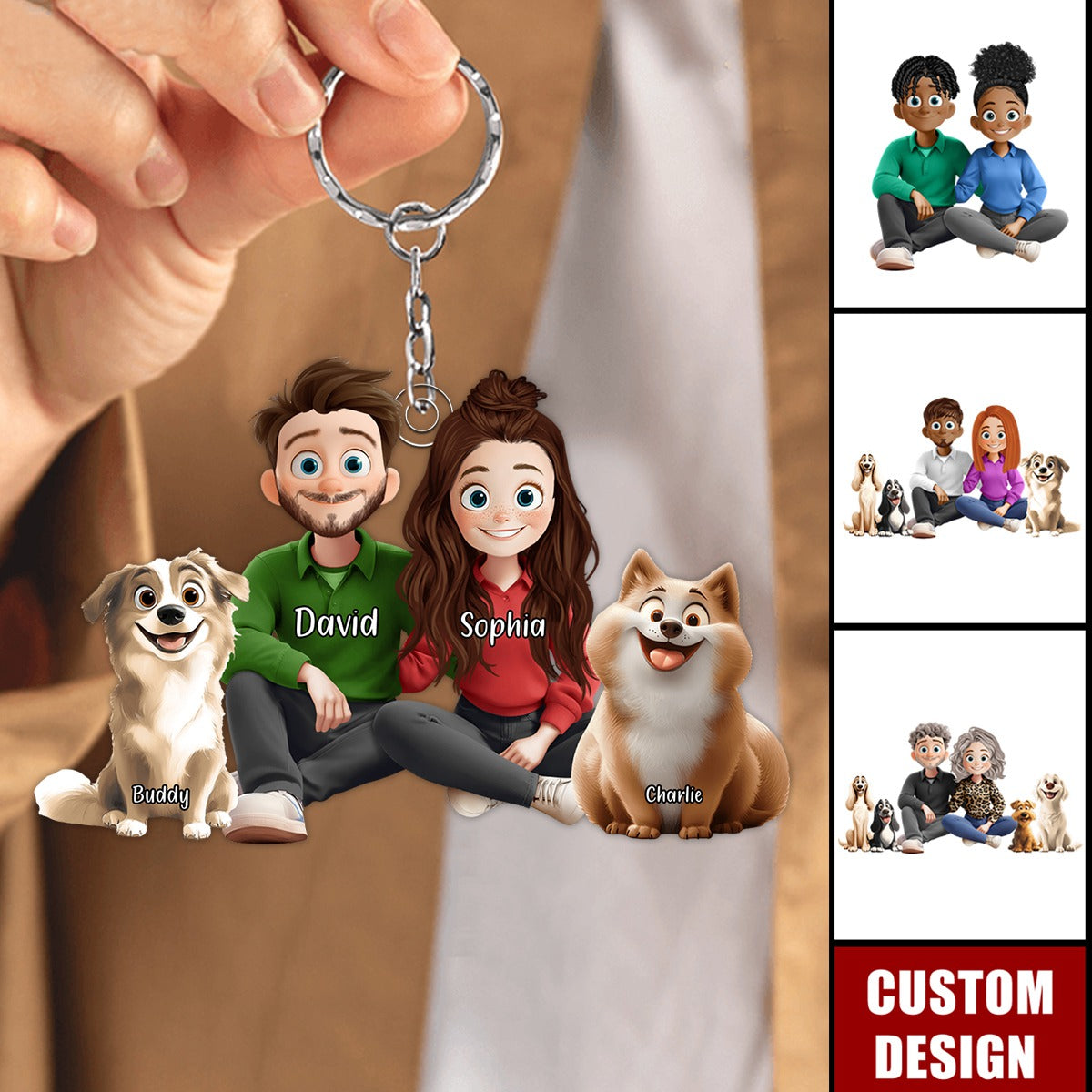 New Version Couple And Dog Cartoon Style Personalized Couple Keychain