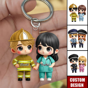 Cute Cartoon Couple by Occupation Personalized Keychain, Anniversary Gift For Couple